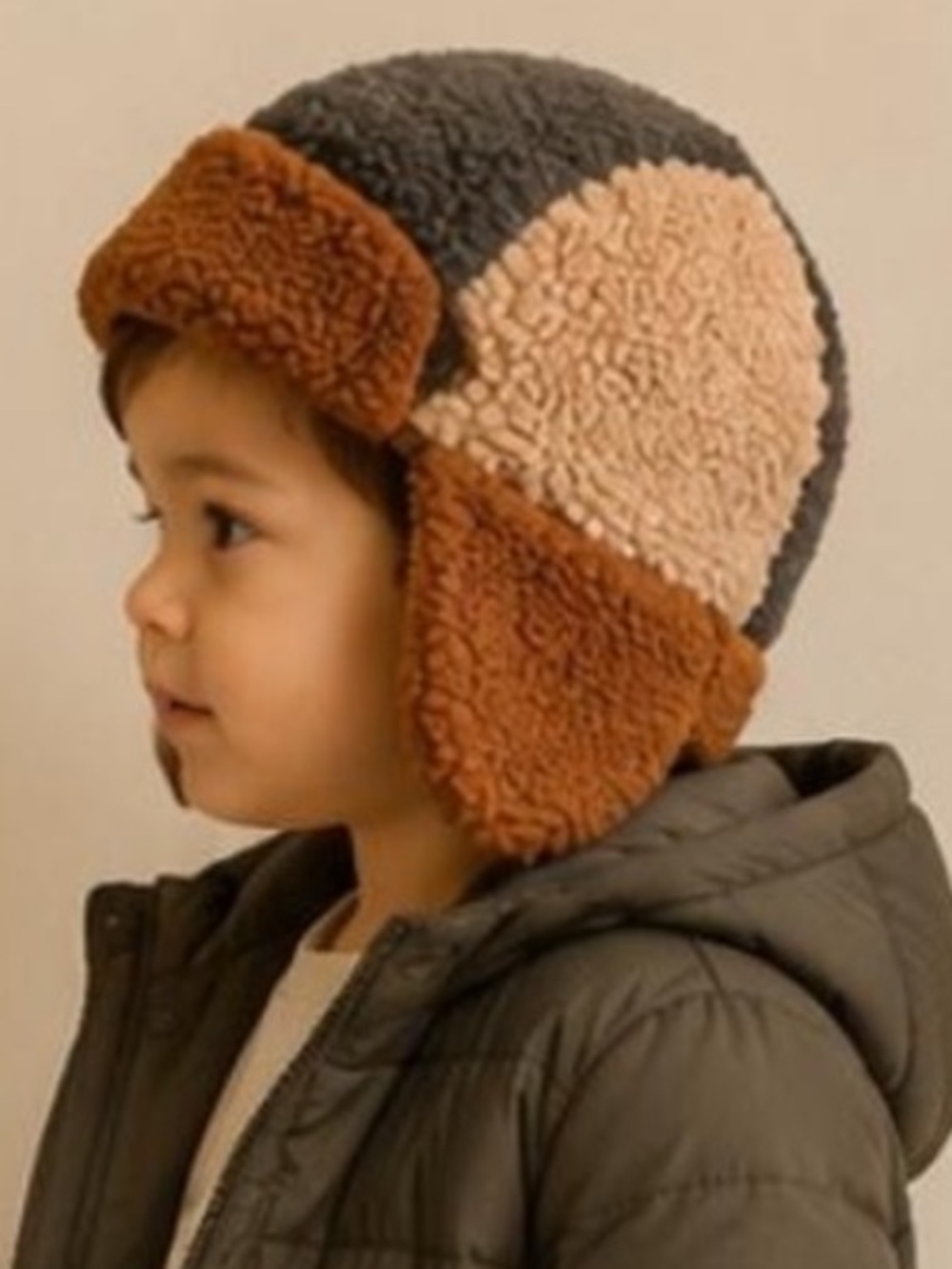 Kids Colorblock Teddy Sherpa Trapper Hat Brown Beige Gray